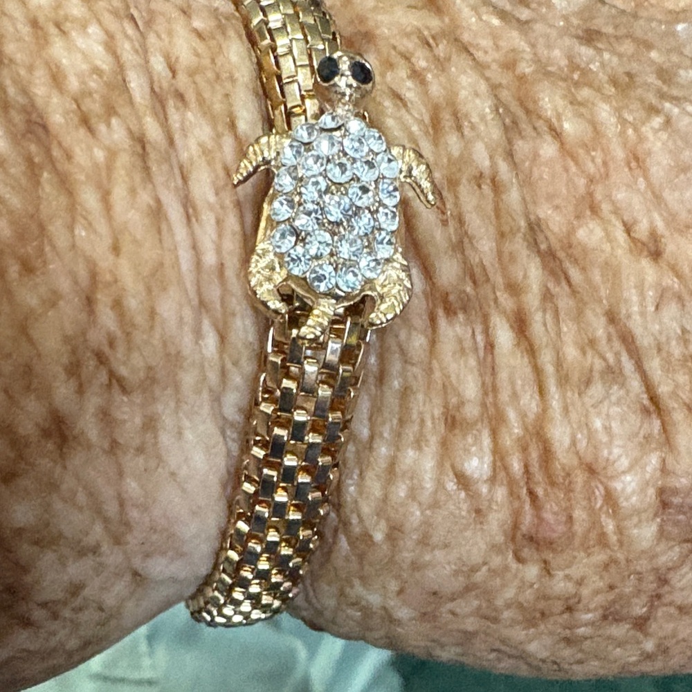 Gold Turtle Bracelet with Crystal Accents